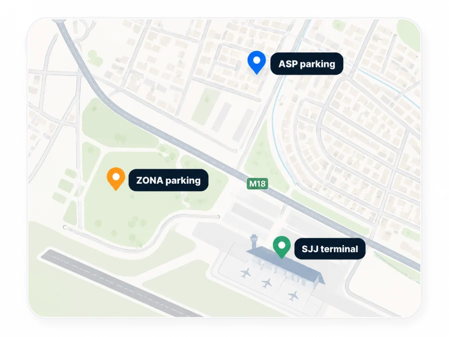 Mapa lokacija ZONA parkinga, ASP parkinga i SJJ terminala kod Aerodroma Sarajevo